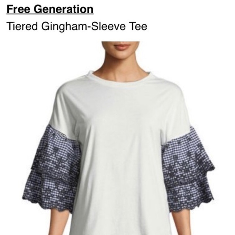 Free Generation Tiered‎ Gingham Sleeve Tee White Navy Eyelet Cotton Top Small